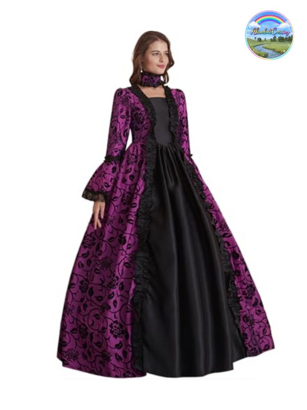 Victorian Rococo Satin Floral Dress Long Sleeve Masquerade Costume - Picture 5 of 6